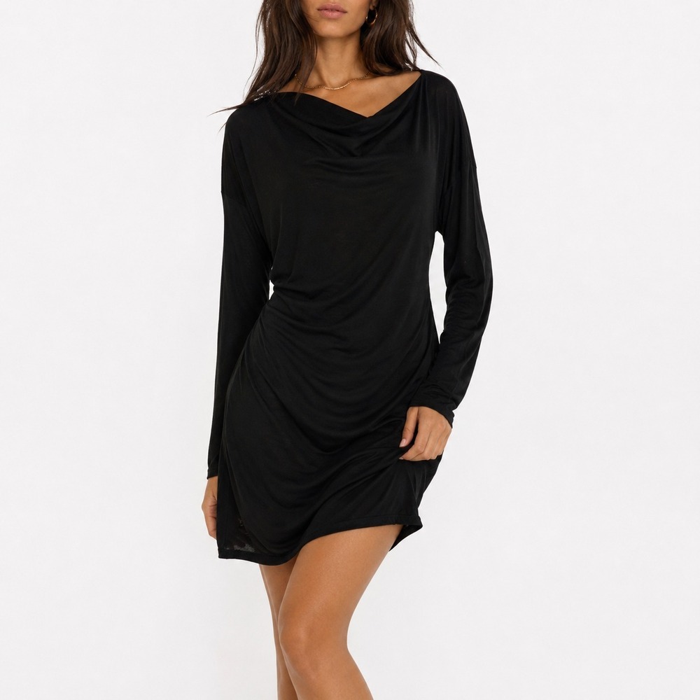 Eileen Fisher Knee Length Sheath Dress oversized XS Black Cowl Neck Party Wear